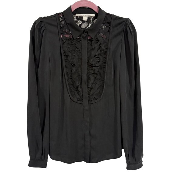 Diane von Furstenberg Lucia Lace Bib Silk Black Blouse Size 4 - Picture 1 of 9